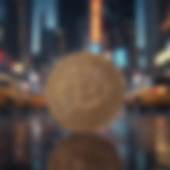 Symbolic representation of NYC Coin within a digital landscape